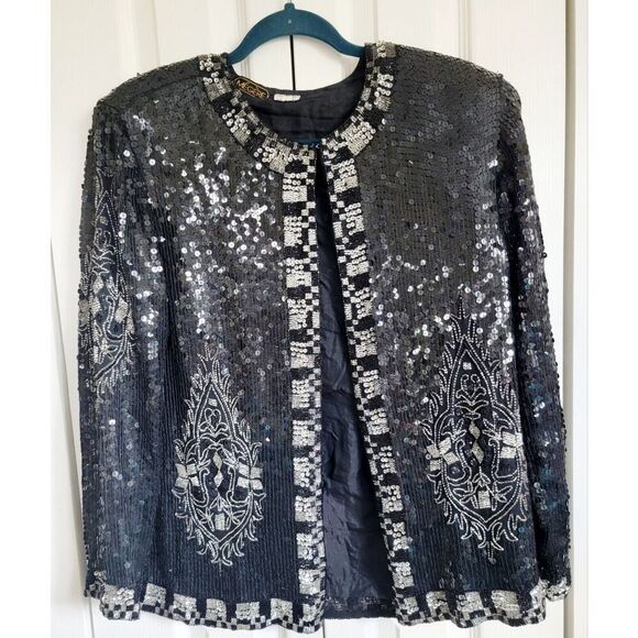 Megere M Vintage 100% Silk Sequined Beaded Jacket Formal Size M Black Should Pad - Picture 1 of 9